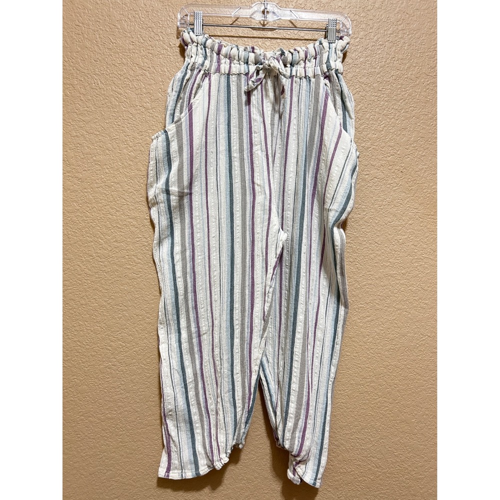 Free People S Striped Cotton Gauze Paperbag Waist Pants Purple Blue Boho Beachy